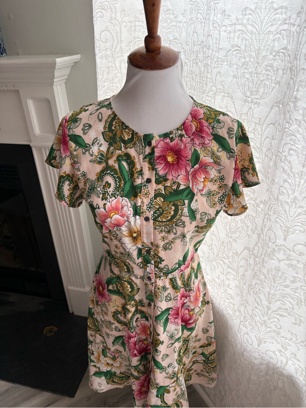 LOFT Pink Floral Midi Dress with Green Leaves - Picture 3 of 6